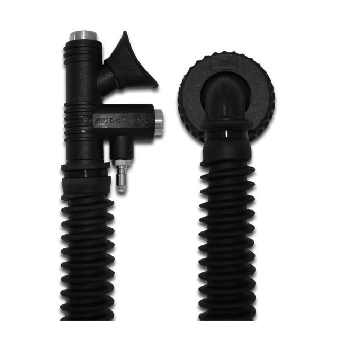 Inflator Dive System L340 – kompletny zestaw z rurą karbowaną 340 mm, widok inflatora z rurą i kolankiem