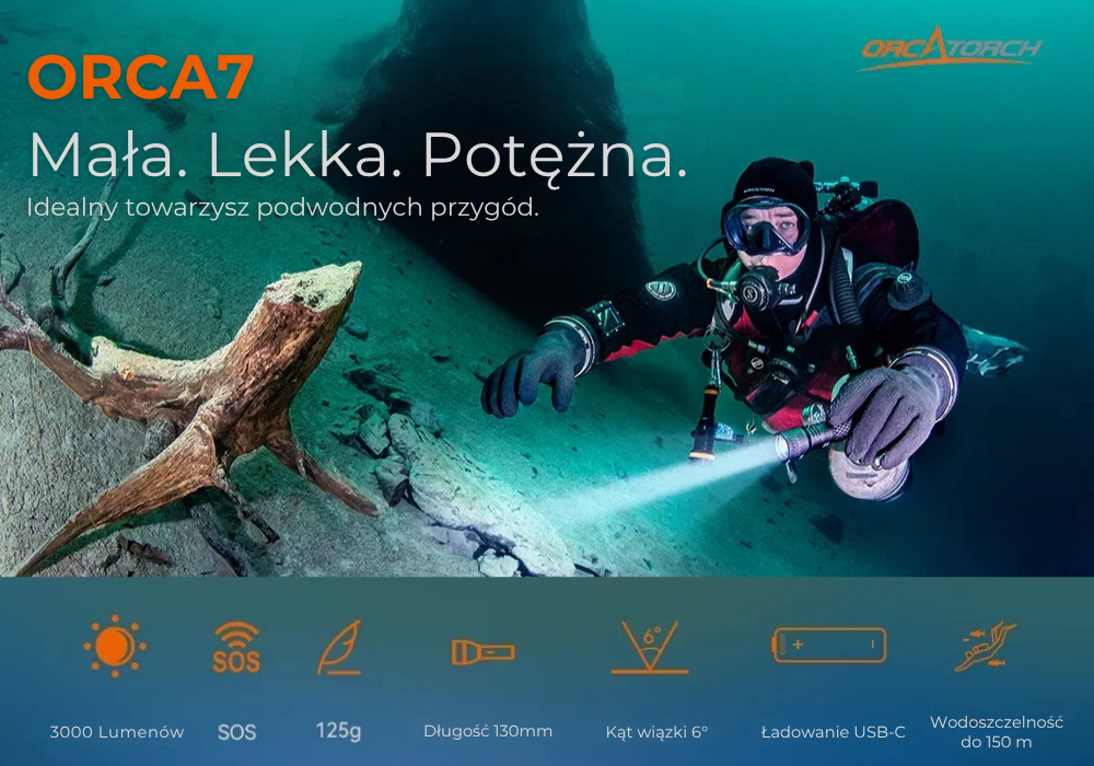 OrcaTorch ORCA7 – kompaktowa latarka nurkowa 3000 lumenow