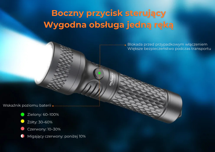 OrcaTorch ORCA7 – boczny przelacznik i wskaznik baterii