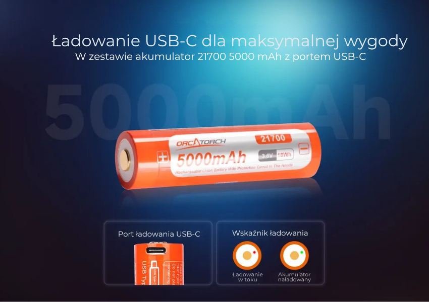 OrcaTorch ORCA7 – akumulator 21700 5000 mAh z ladowaniem USB-C